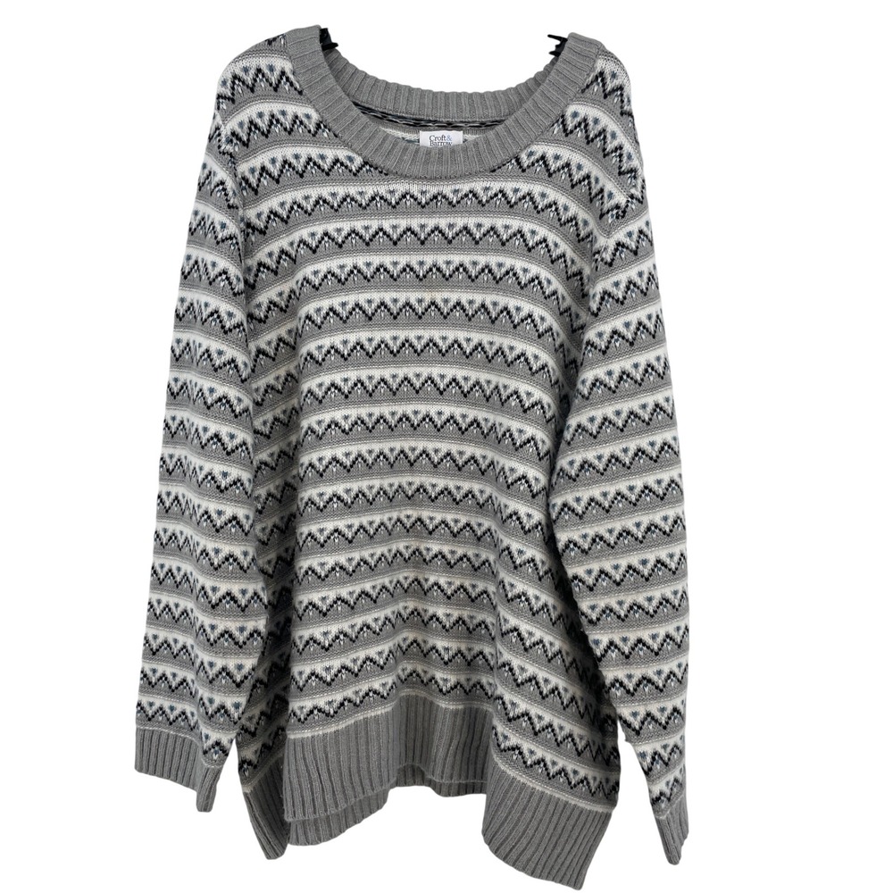 Croft & Barrow Womens 3X Grey Fair Isle Geometric Knit Crew Neck Sweater